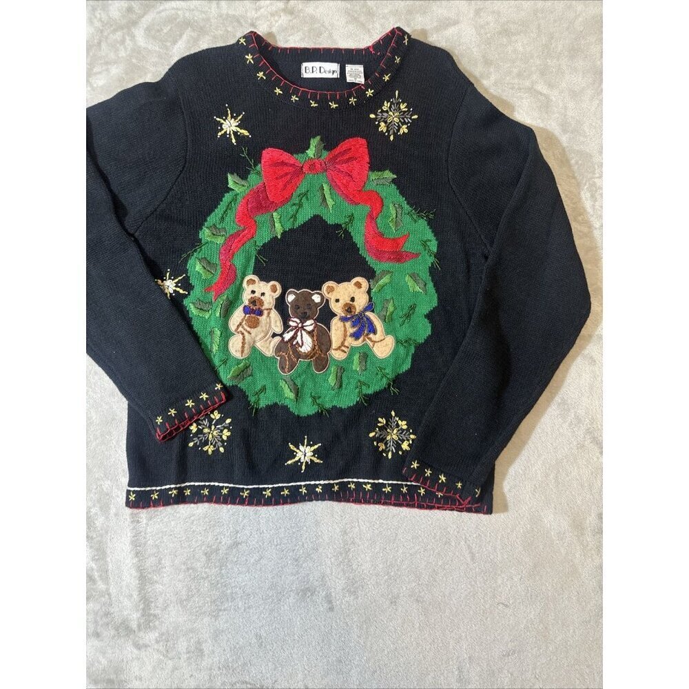 Women’s Vintage Christmas Sweater Granny Core Black Green B.P Design Size Medium - Picture 8 of 14